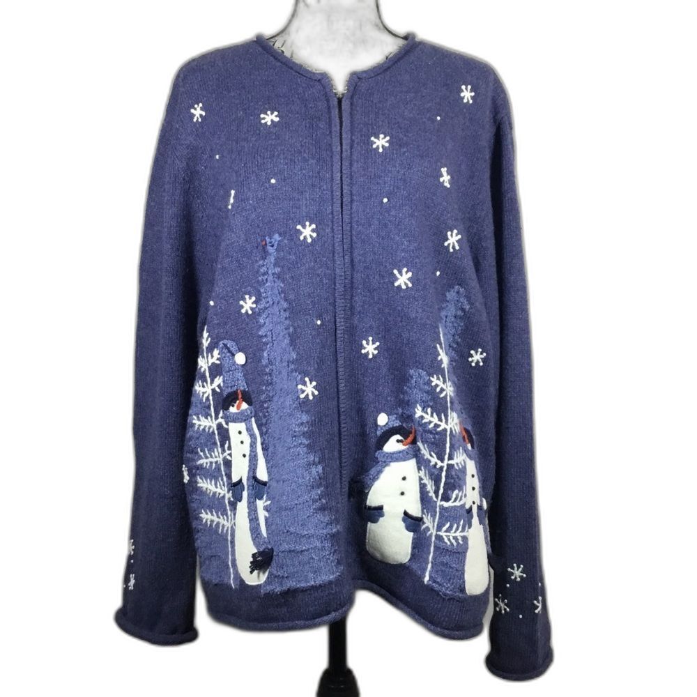 Snowman winter cardigan with zipper blue with snowmen snowflakes tree Xmas sz XL